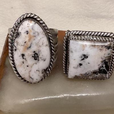 NSJ047 Two Navajo White Buffalo Turquoise Sterling Silver Rings Size 14.25