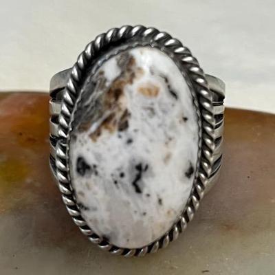 NSJ025 Navajo White Buffalo Turquoise Sterling Silver Ring Size 13.5