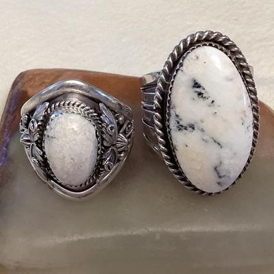 NSJ051 Two Navajo White Buffalo Turquoise Sterling Silver Rings Size 12.25