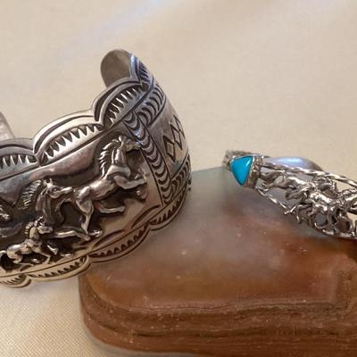 NSJ473 Two Navajo Sterling Silver & Turquoise Running Horses Cuff Bracelets New