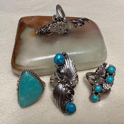 NSJ099 Four Navajo Sterling Silver Turquoise Rings Size 8.5