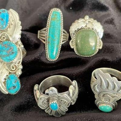NSJ282 - Five Navajo Sterling Silver Rings With Turquoise Sz 7.5-8