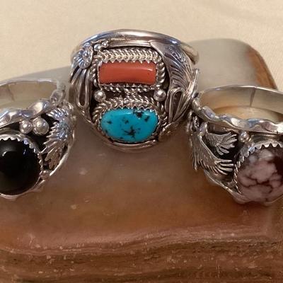 NSJ335 Three Navajo Sterling Wild Horse Turquoise, Onyx & Turquoise Rings Size 14.5 New