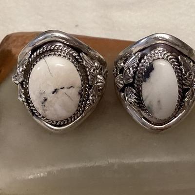 NSJ035 Two Navajo White Buffalo Turquoise Sterling Silver Rings Size 11