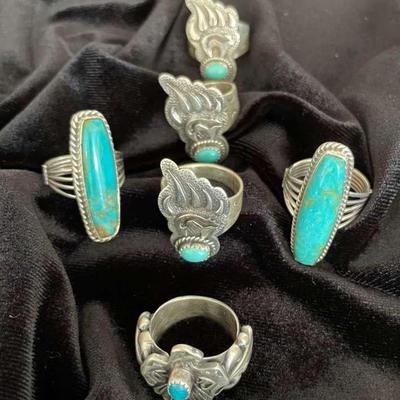 NSJ281 - Six Navajo Sterling Silver Rings With Turquoise Sz 7.5-8