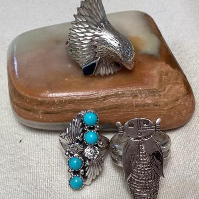 NSJ307 Three Navajo Sterling Silver Turquoise Rings Size 8