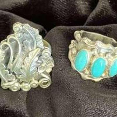 NSJ271 - Four Navajo Sterling Silver Rings With Turquoise Sz 8.5-9