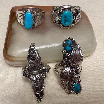 NSJ098 Four Navajo Sterling Silver & Turquoise Rings Size 9.5