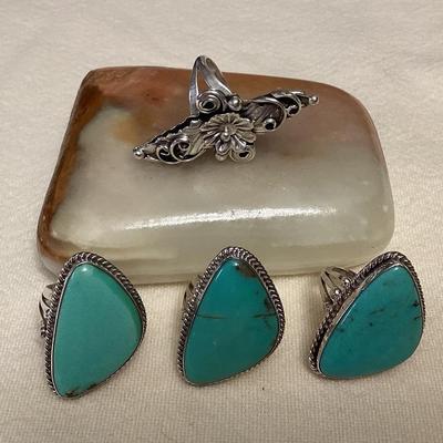 NSJ091 Four Navajo Sterling Silver & Turquoise Rings Size 7