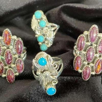 NSJ130 - Four Navajo Sterling Silver Rings Sz 8 With Turquoise & Purple Spiny Oyster Stones