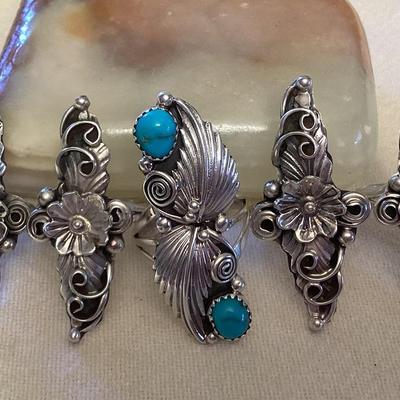 NSJ067 Five Navajo Sterling Silver & Turquoise Rings Size 8