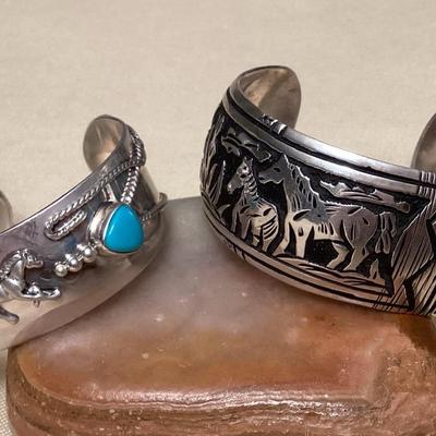 NSJ450 Two Navajo Sterling Silver & Turquoise Horse Cuff Bracelets New