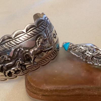 NSJ474 Two Navajo Sterling Silver & Turquoise Running Horses Cuff Bracelets New