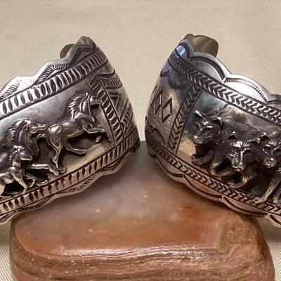 NSJ432 Two Large Navajo Sterling Silver Wolf & Horse Cuff Bracelets New