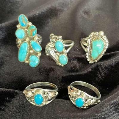 NSJ159 - Five Navajo Sterling Silver Turquoise Rings Sz 8