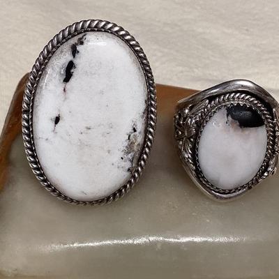 NSJ050 Two Navajo White Buffalo Turquoise Sterling Silver Rings Size 11.75