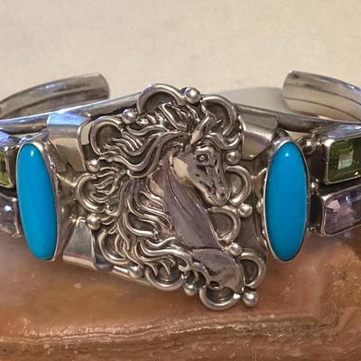 NSJ429 Navajo Sterling Silver Turquoise Horse  Cuff Bracelet New