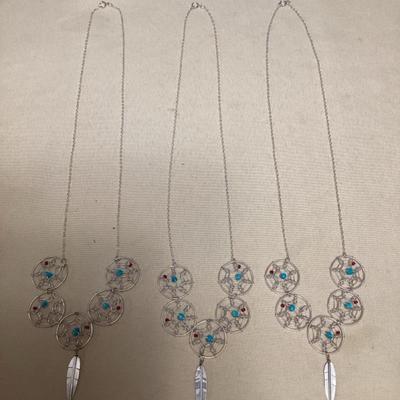 NSJ506 Three Navajo Sterling Silver Turquoise & Coral Dream Catcher Necklaces New