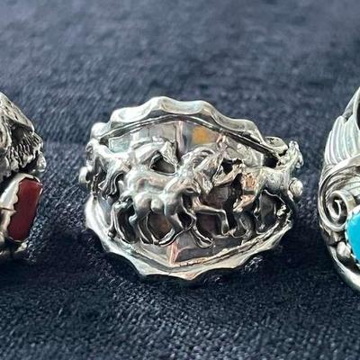 NSJ194- (3) Najavo Sterling Silver Rings Sz 12.5-14 With Turquoise/Gemstones