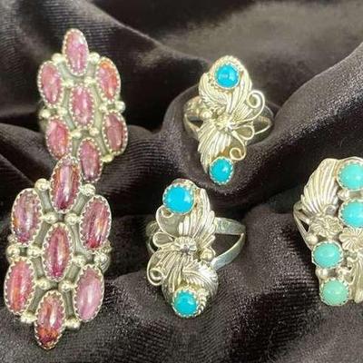 NSJ128 - Five Navajo Sterling Silver Rings Sz 8-9 With Turquoise & Purple Spiny Oyster Stones
