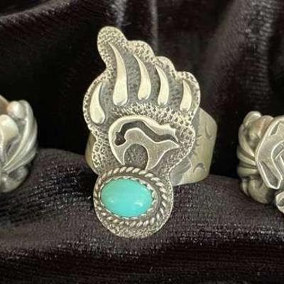 NSJ225 - Three Navajo Sterling Silver Rings With Turquoise Sz 5-5.5