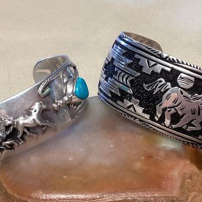 NSJ457 Two Navajo Sterling Silver & Turquoise Horse Cuff Bracelets New