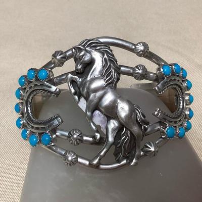 NSJ456 Navajo Sterling Silver Turquoise Horse & Horseshoe Cuff Bracelet New