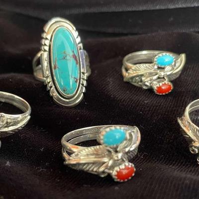 NSJ108 Five Sterling Silver Rings With Turquoise /Coral Settings Sz  8 1/2