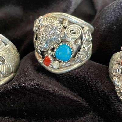 NSJ234 - Three Men’s Navajo Sterling Silver Rings With Turquoise & Coral Sz 14-14.75