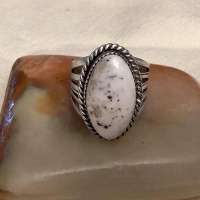NSJ016 Navajo White Buffalo Turquoise Sterling Silver Ring Size 13.5