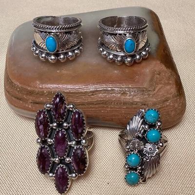 NSJ329 Four Navajo Sterling Silver Purple Spiny Oyster & Turquoise Rings Size 6.5 New