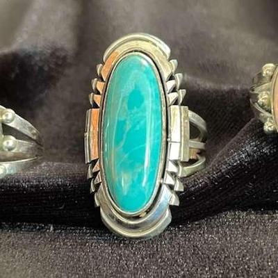NSJ113 - Three Navajo Sterling Silver Rings - One Turquoise & Two Opal Sz 6