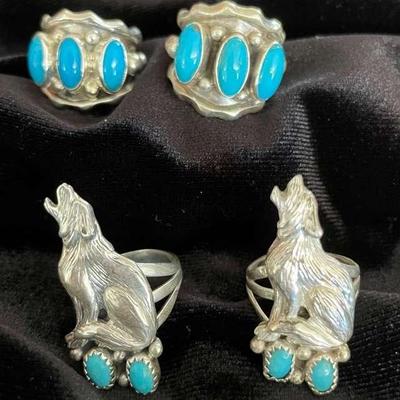 NSJ254 - Four Navajo Sterling Silver Rings With Turquoise Sz 5.5-6