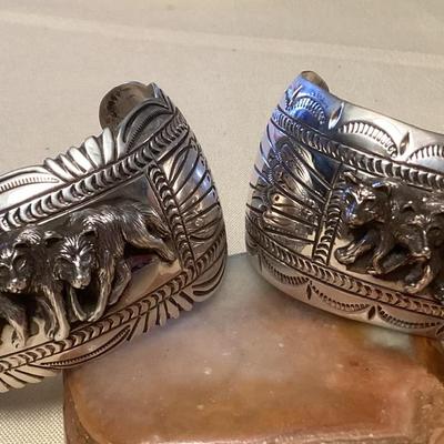 NSJ468 Two Large Navajo Sterling Silver Wolf Pack Cuff Bracelets New