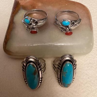 NSJ105 Four Navajo Sterling Silver Turquoise & Coral Rings Size 7