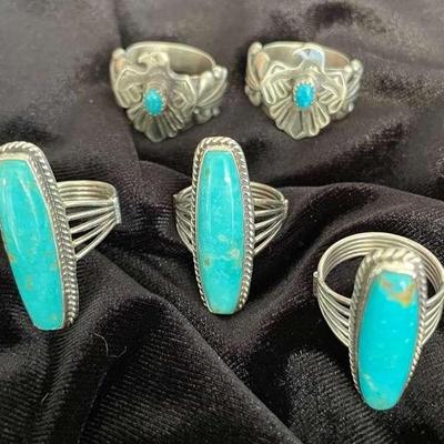 NSJ278 - Five Navajo Sterling Silver Rings With Turquoise Sz 8