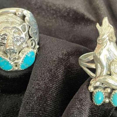 NSJ241 - Two Men’s Navajo Sterling Silver Rings With Turquoise Sz 9.5