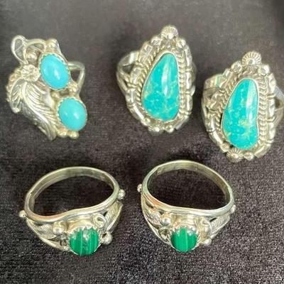 NSJ153 - Five Navajo Sterling Silver Turquoise & Malachite Rings Sz 7.25
