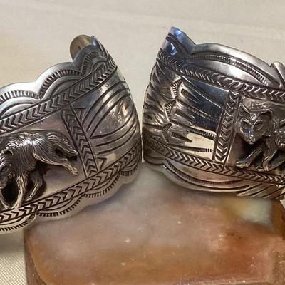NSJ467 Two Large Navajo Sterling Silver Wolf Pack Cuff Bracelets New