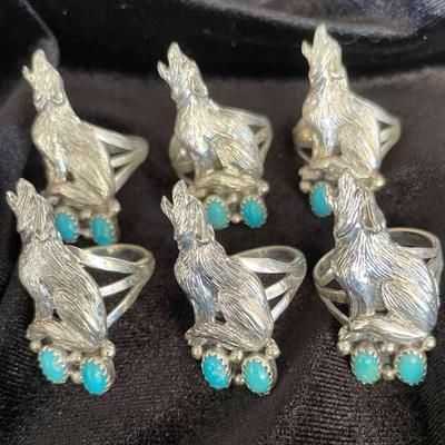 NSJ243 - Six Navajo Sterling Silver Baying Wolf Rings Sz 8