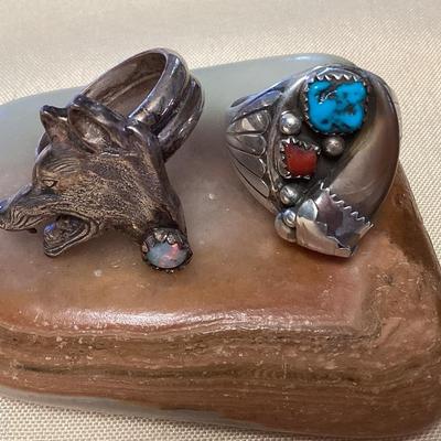 NSJ312 Two Navajo Sterling Opal, Turquoise & Coral Rings Size 12.5