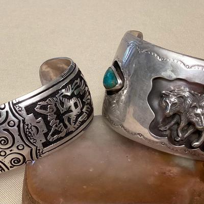 NSJ491 Two Navajo Sterling Silver & Turquoise Wolf Cuff Bracelets New