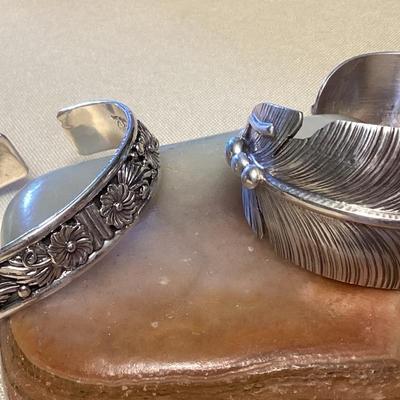 NSJ465 Two Navajo Sterling Silver Feather & Floral Cuff Bracelets New