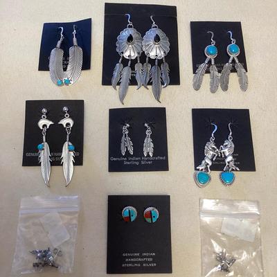 NSJ359 Ten Pairs Of Navajo Sterling Turquoise, Coral & Onyx Earrings New