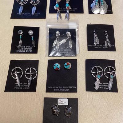 NSJ375 Ten Pairs Of Navajo Sterling Turquoise & Coral Earrings New