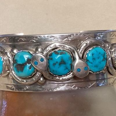NSJ402 Navajo Sterling Silver & Turquoise Snake Cuff Bracelet New
