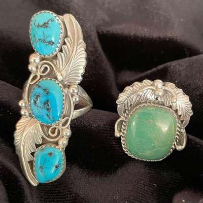 NSJ288 - Two Navajo Sterling Silver Rings With Turquoise Sz 9.5