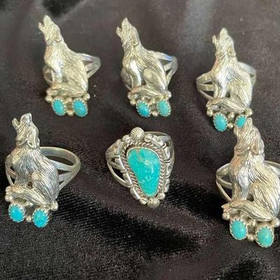 NSJ245 - Six Navajo Sterling Silver Rings With Turquoise Sz 8.5-9