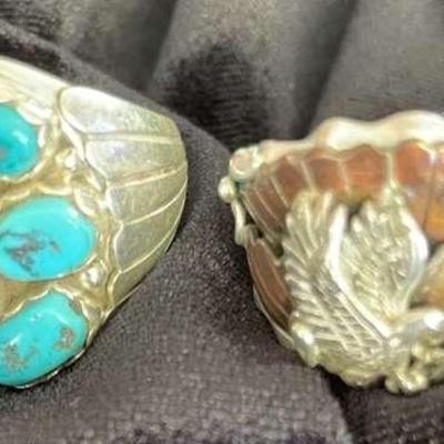 NSJ175 - Two Navajo Sterling Silver Eagle & Turquoise Rings Sz 11.5-12