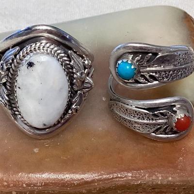 NSJ297 Two Navajo Sterling White Buffalo Turquoise And Turquoise & Coral Rings Size 9.75 New